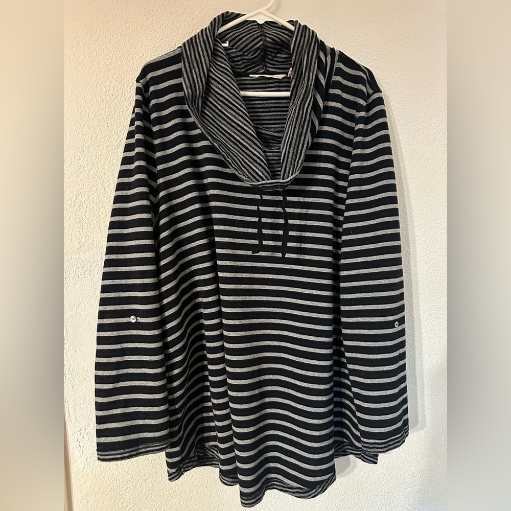 Soft Surroundings Tunic Top Women Striped Black/Gray Cotton Cowl Neck Size 2X